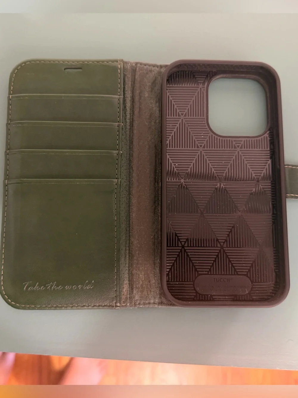TUCCH iPhone 14 Pro Wallet Case Green leather like card holder